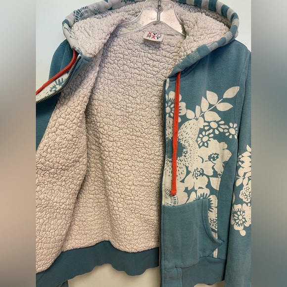 Roxy Teal Floral Sherpa-Lined Hoodie with Orange Drawstrings - Picture 6 of 10